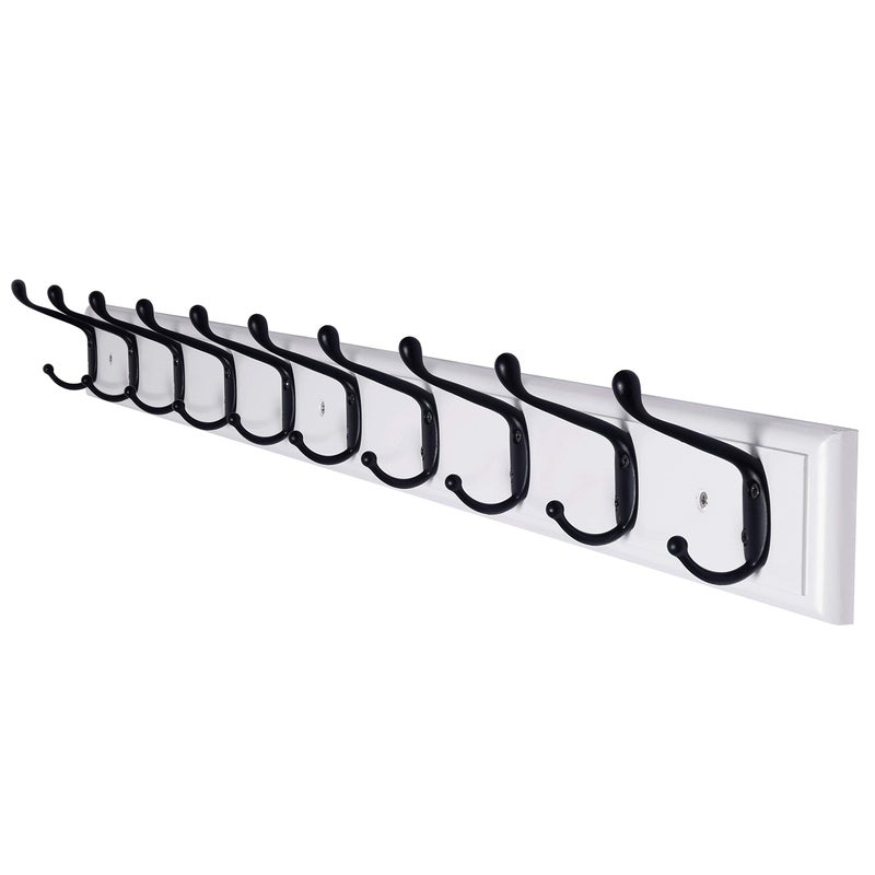 Dseap Coat Rack Wall Mounted: 10-Hooks, 16" Hole to Hole, 38-1/4" Long, Wood Coat Hooks Wall Mounted, Hook Rack, Hook Rail, Hooks for Hanging Coats, White & Black - Image 1
